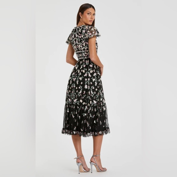 NWT | Mac Duggal 35104 Black Embroidered V Neck Cap Sleeve Midi Dress Size 16 - Picture 4 of 11